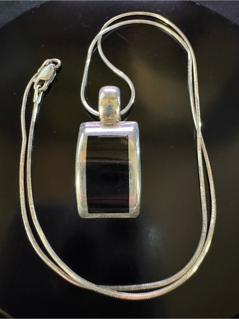 Sterling Silver Mexico 925 Black Onyx Modernist Pendant 18” Necklace
